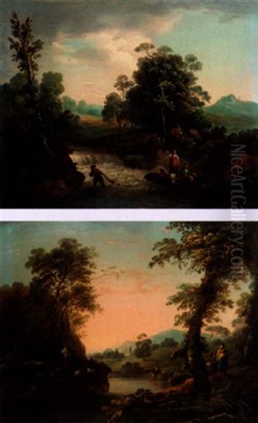 Extensive River Landscape With Fishers Oil Painting by Jean Baptiste Pillement