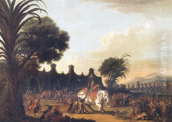 L'empereur De Chine, Entoure De Sa Cour, Se Promenant Sur Son Elephant Blanc, Dans Les Jardins De Son Palais Oil Painting by Jean Baptiste Pillement