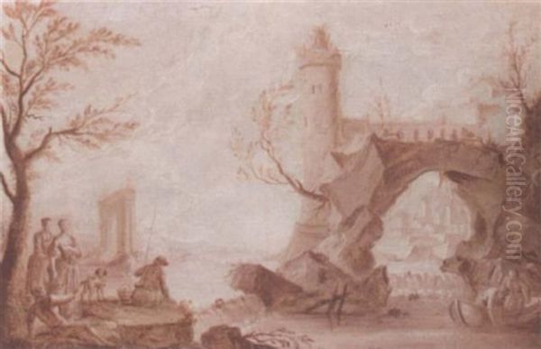 Anglers And Fishermen By A Weir, A Natural Arch And A Tower Beyond Oil Painting by Jean Baptiste Pillement