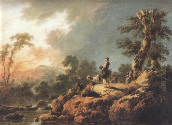 A Rocky River Landscape With A Goatherd And A Peasant Girl On An Outcrop Oil Painting by Jean Baptiste Pillement