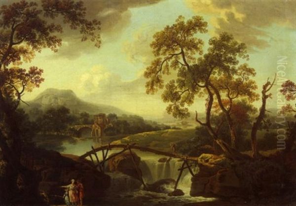 Paysage A Cascade, Anime De Personnages Oil Painting by Jean Baptiste Pillement