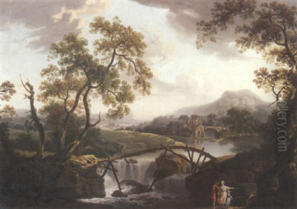 Paysage A La Cascade, Anime De Personnages Oil Painting by Jean Baptiste Pillement