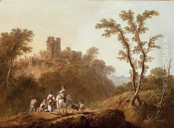 A Wooded, Hilly Landscape With Peasants, A Goat And Sheep On A Track Near A Ruined Castle Oil Painting by Jean Baptiste Pillement