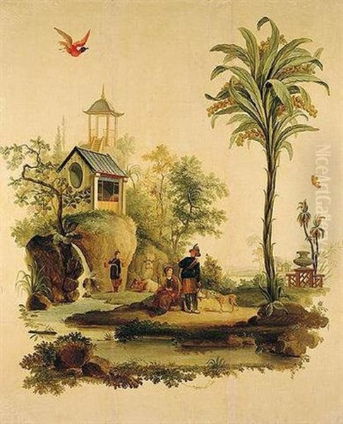 An Oriental Landscape With A Huntsman, Milkmaid And Other Figures By A River, A Pagoda Beyond Oil Painting by Jean Baptiste Pillement