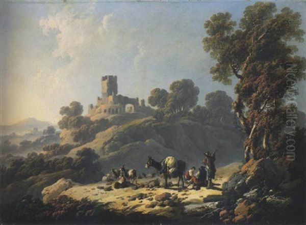 Paysage Rocheux Avec Des Bergers Se Reposant Sur Le Sommet D'une Colline Oil Painting by Jean Baptiste Pillement