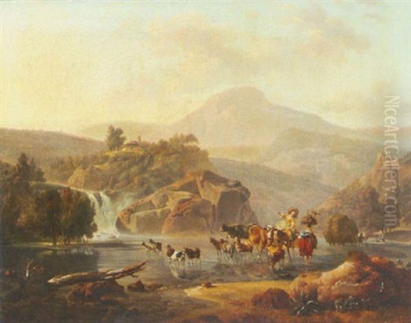 La Traversee Du Gue Dans Un Paysage Rocheux Oil Painting by Jean Baptiste Pillement