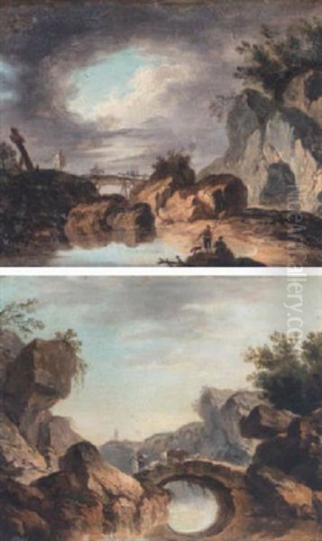 A River Landscape With Cattle Being Driven Over A Bridge Oil Painting by Jean Baptiste Pillement