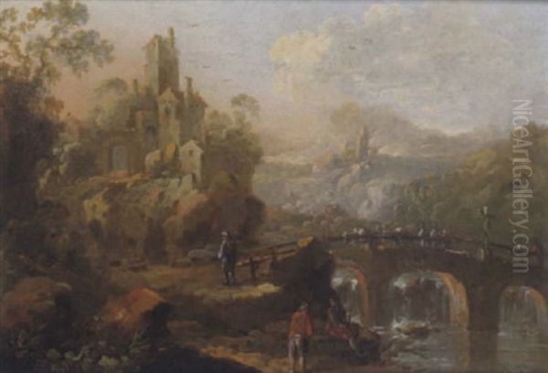 Gebirgige Fluslandschaft Mit Einer Steinernen Bogenbrucke, Hausern Und Reisenden Oil Painting by Jean Baptiste Pillement