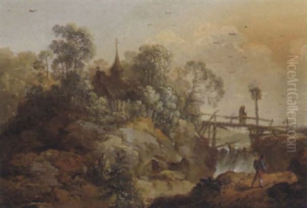 Gebirgige Fluslandschaft Mit Einer Kapelle Und Reisenden Oil Painting by Jean Baptiste Pillement