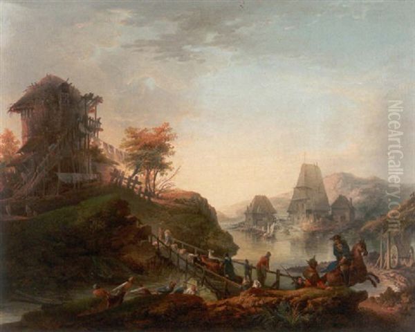 Belebte Fluslandschaft. Reiche Personenstaffage Oil Painting by Jean Baptiste Pillement