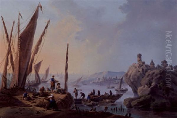 A View Of The River Tagus, Portugal, With Fishermen Drawing Their Nets And Figures Along The Rocky Coast Oil Painting by Jean Baptiste Pillement