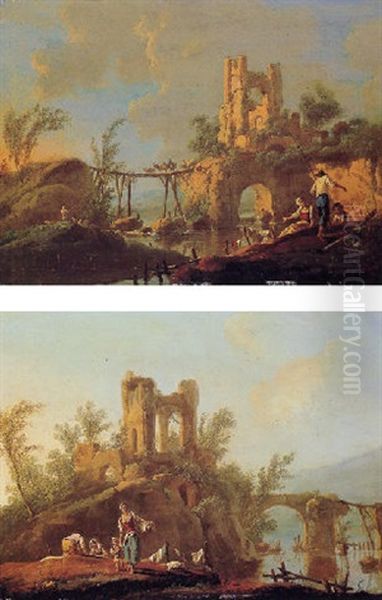 Peasants Fishing And Laundering By The Banks Of A River, Ruined Castles Beyond Oil Painting by Jean Baptiste Pillement