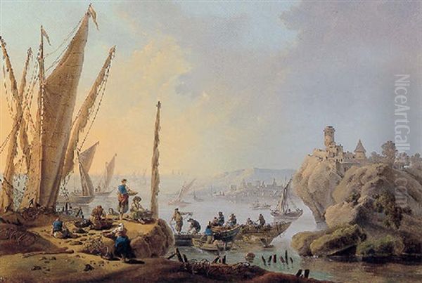 A View Of The River Tagus, Portugal, With Fishermen Drawing Their Nets And Figures Along The Rocky Coast by Jean Baptiste Pillement