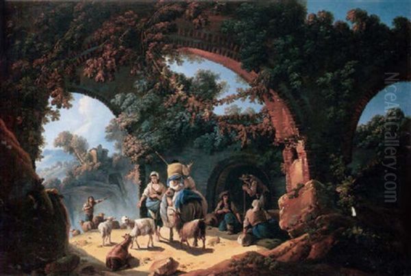 A Landscape With Drovers And Sheep Sheltering Among Ruins Oil Painting by Jean Baptiste Pillement