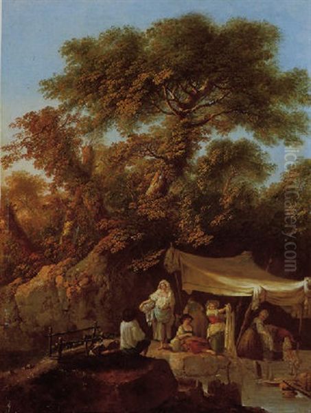 Washerwomen Beside A River In A Wooded Landscape Oil Painting by Jean Baptiste Pillement