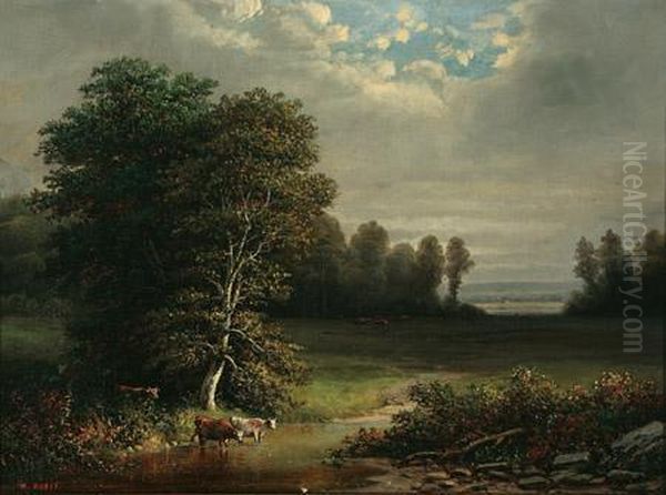 Landscape With Cows Watering Oil Painting by Henry Boese