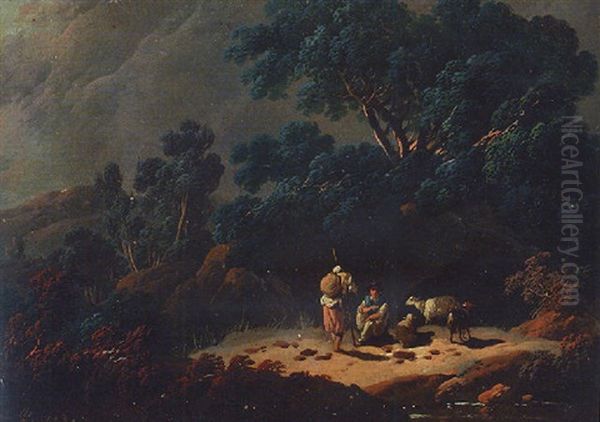 Shepherds In A Rocky Landscape Oil Painting by Jean Baptiste Pillement