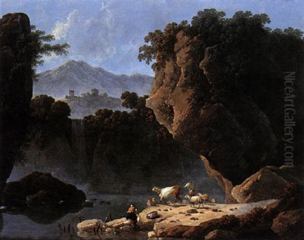 Paysage Montagneux, Bergers Et Troupeau Oil Painting by Jean Baptiste Pillement