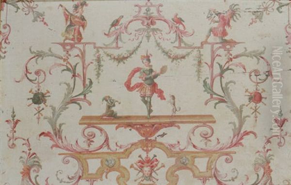 A Decorative Panel With Musicians, A Dancer With A Tambourine, Flanked By A Dog And Monkey, Surrounded By Grotesque Designs Oil Painting by Jean Baptiste Pillement