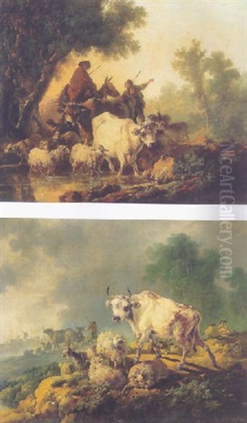 A Traveller Crossing A Stream With Cows And A Flock Of Sheep Oil Painting by Jean Baptiste Pillement