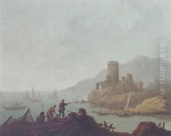 A Coastal Scene With Fishermen On A Rocky Outcrop, A Ruined Castle Beyond Oil Painting by Jean Baptiste Pillement