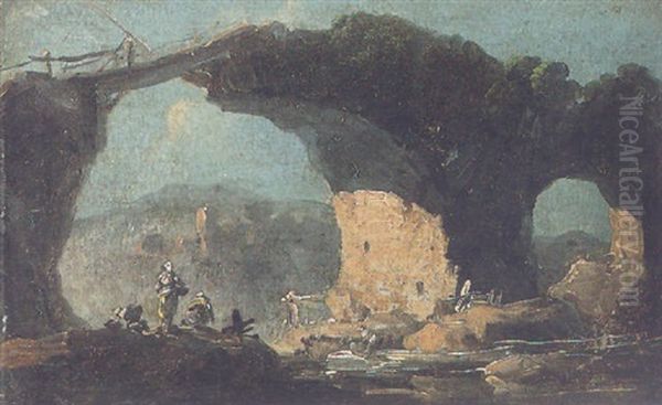 Washerwomen At A River Beneath A Stone Bridge Oil Painting by Jean Baptiste Pillement