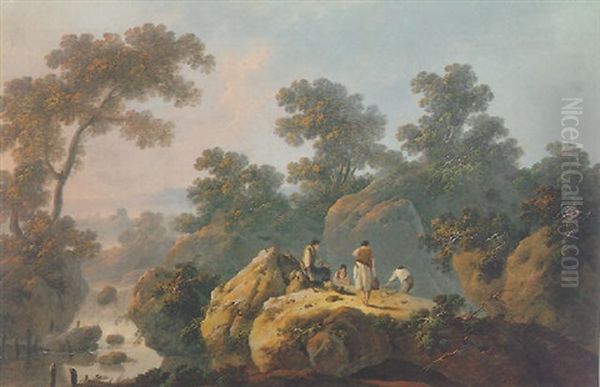 A Rocky River Landscape With Figures Resting Oil Painting by Jean Baptiste Pillement