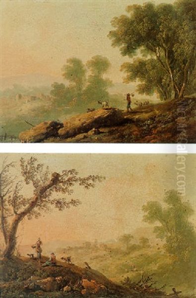 Peasants And Goats In A Hilly Landscape Oil Painting by Jean Baptiste Pillement