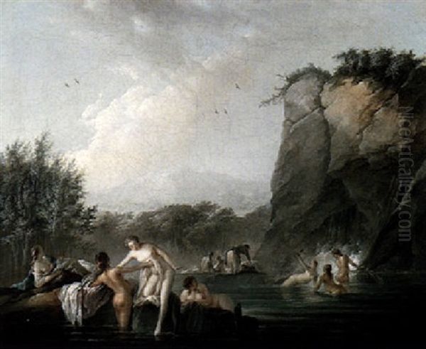 A Rocky River Landscape With Female Figures Bathing In A Pool Oil Painting by Jean Baptiste Pillement