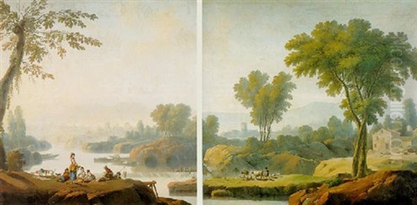 A River Landscape With Women Washing Their Laundry By A Waterfall Oil Painting by Jean Baptiste Pillement