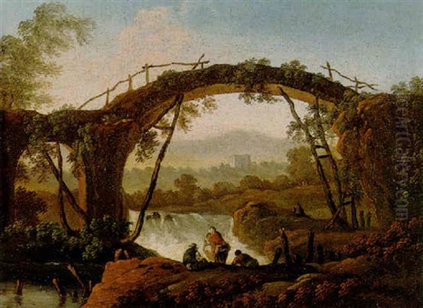 A River Landscape With A Rustic Bridge And A Group Of Figures Including A Washerwoman Before A Waterfall Oil Painting by Jean Baptiste Pillement