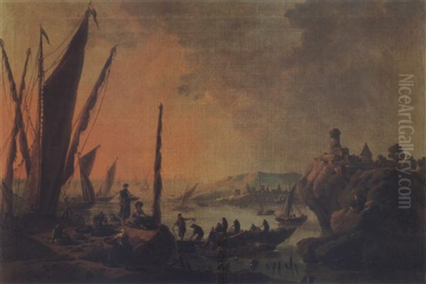 A Rocky Mediterrenean Coastal Landscape At Dusk With Fishermen Drawing Their Nets And Figures Laying Out Their Catch Oil Painting by Jean Baptiste Pillement