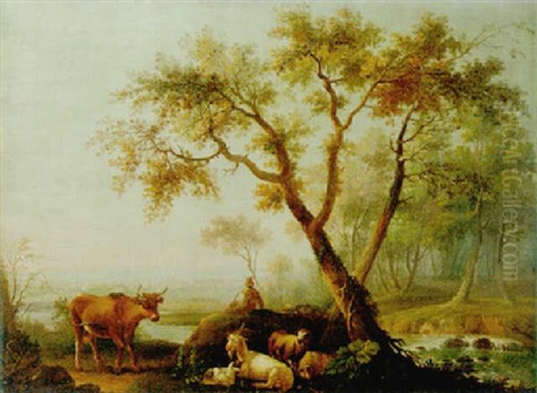 A Shepherd On River-bank With Cow, A Goat And Sheep Oil Painting by Jean Baptiste Pillement