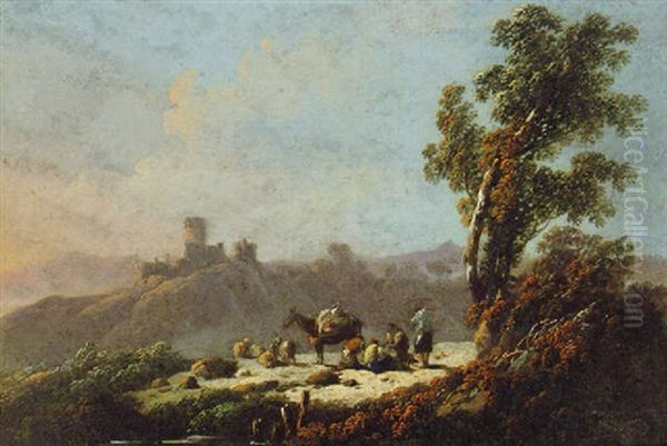 A Mountainous Landscape With Travellers Resting, A Castle Beyond Oil Painting by Jean Baptiste Pillement