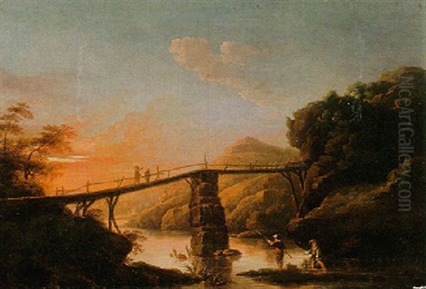 River Landscape At Sunset, With Fishermen Under A Bridge Oil Painting by Jean Baptiste Pillement