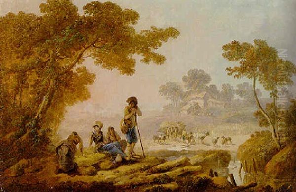 Les Moissonneurs: A Landscape With Harvesters Oil Painting by Jean Baptiste Pillement