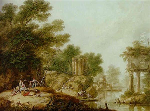 A River Landscape With Peasants Resting By A Bank, Classical Ruins Beyond Oil Painting by Jean Baptiste Pillement