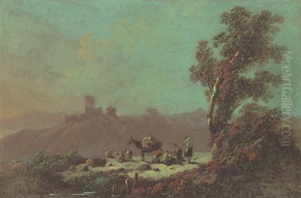 A Mountainous Landscape With Travellers Resting, A Castle Beyond Oil Painting by Jean Baptiste Pillement