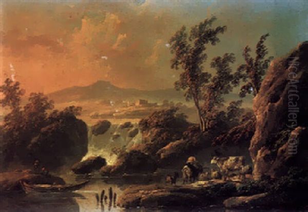 An Italianate River Landscape At Dusk With A Herder And A Waterfall Beyond Oil Painting by Jean Baptiste Pillement