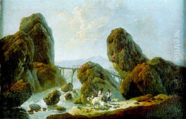 Paysans Pres D'une Riviere Dans La Campagne Romaine Oil Painting by Jean Baptiste Pillement