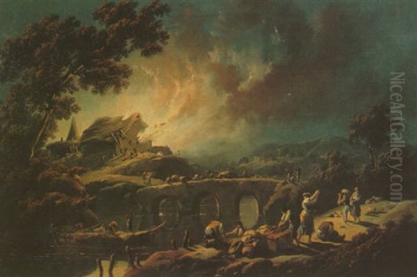 A River Landscape At Night With Peasants Evacuating A Burning Village Oil Painting by Jean Baptiste Pillement