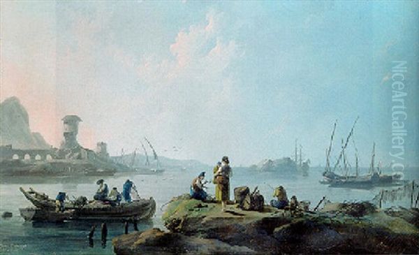 A View Of The River Tagus With Fishermen Pulling In Their Nets Oil Painting by Jean Baptiste Pillement