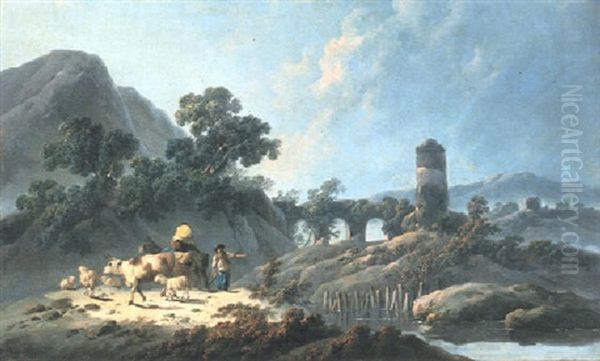 Rocky Landscape At Dawn With A Herdsman Oil Painting by Jean Baptiste Pillement