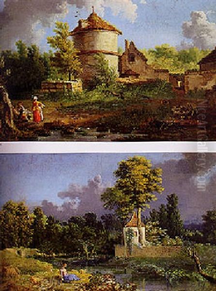 Figures By A Brook With A Dovecote And Other Buildings In The Distance Oil Painting by Jean Baptiste Pillement