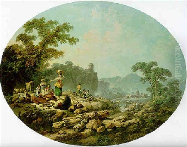 A Mountainous River Landscape With Goatherds And Sheperdesses At Rest Oil Painting by Jean Baptiste Pillement