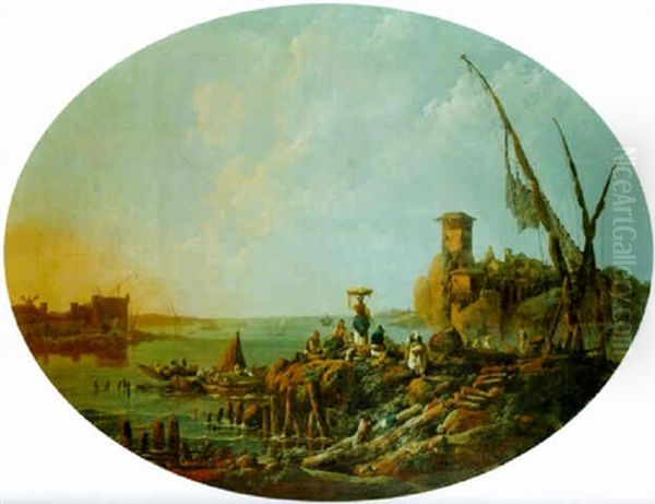 The Mouth Of The River Tagus At Dawn With Fisherfolk Oil Painting by Jean Baptiste Pillement