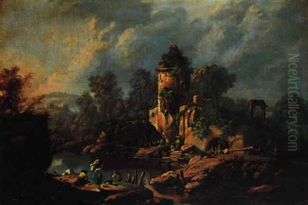 Paysans Portugais Au Bord D'un Lac Oil Painting by Jean Baptiste Pillement