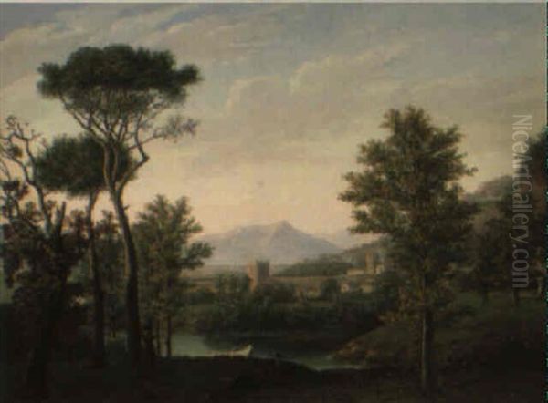 Landscape In The Roman Campagna, With A Shepherd Resting In The Foreground Oil Painting by Jean Baptiste Pillement