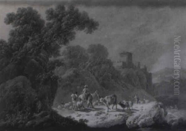 Bergers Et Leur Troupeau Dans Un Paysage Oil Painting by Jean Baptiste Pillement