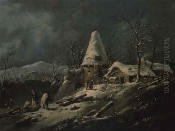 Paysage De Neige Avec Des Paysans Oil Painting by Jean Baptiste Pillement